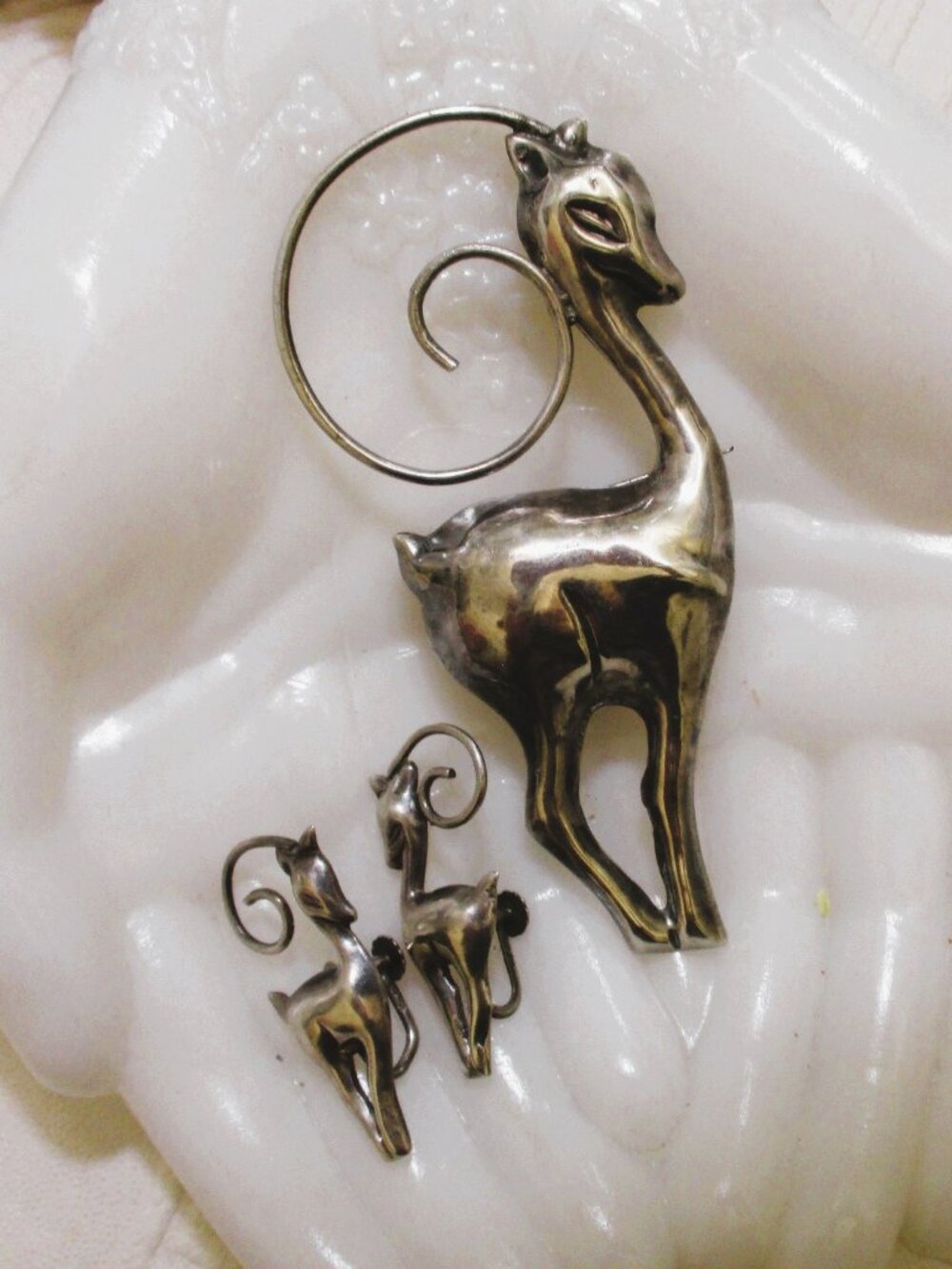 ART DECO Sterling Silver Gazelle Brooch Earrings Set- VINTAGE 925 Made in Mexico